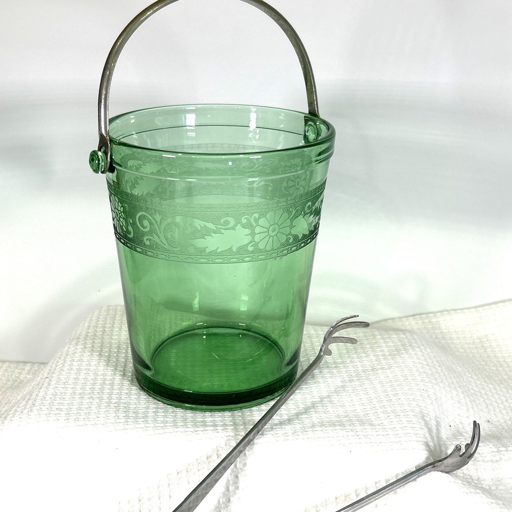 Fostoria Seville Ice Bucket w/Tongs Glow Glass Uranium Vaseline Green 1920s